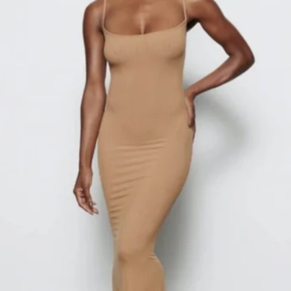 Skims Long Slip Dress in Camel Size M